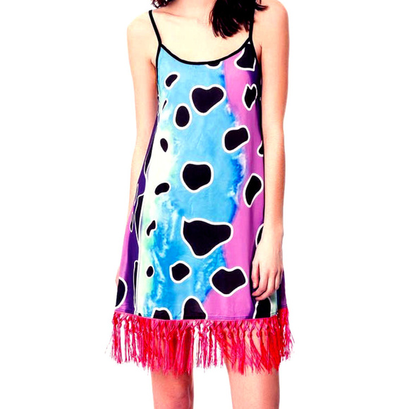 LeOPARD GLAM Watercolor Dye DRESS Pink FRINGE Hem - Picture 1 of 8
